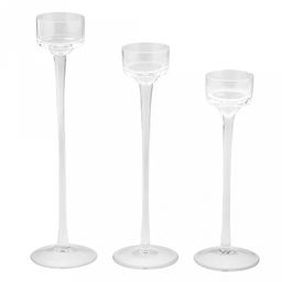 Подсвечник стеклянный "Роберт" набор 3 штуки: h26,1см, h23см, h20,3см; чаша д5см, h4,5см, основание д7см, длинная ножка, прозрачный, в коробке (Китай)