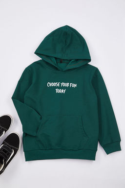 Petrol Erkek Cocuk Slogan Desenli Kapusonlu Orme Sweatshirt TKDAW25SW00038