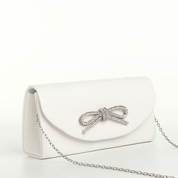 Сумка-клатч женская вечерняя на магните, на длинной цепочке, с декоративным бантом, белая