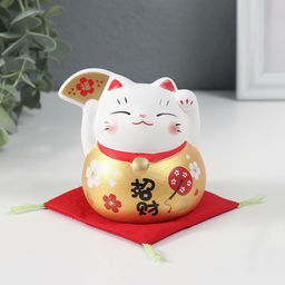 Фигурка керамика «Кот Манэки-нэко с веером», золотой, 8×8×8.5 см
