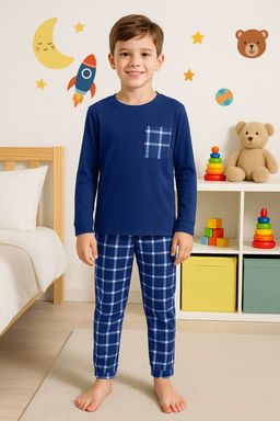 Lacivert Yumusak Dokulu Erkek Cocuk Bask?l? Orme Pijama Tak?m TKDAW25AU00113