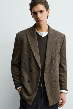 WOOL BLEND CHECK DOUBLE-BREASTED BLAZER - Zara фото 6