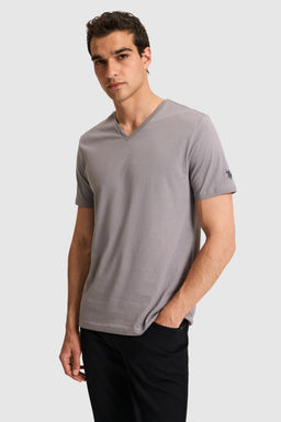 Erkek Regular Fit V Yaka Gri Basic Ti__rt