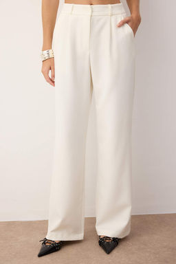 Ekru Yuksek Bel Wide Leg/Genis Paca Pilili Dokuma Kumas Pantolon TWOAW21PL0076