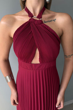 Bordo Piliseli Cut Out Aksesuar Detayl? Sifon Midi Astarl? Elbise TPRSS25EL00327