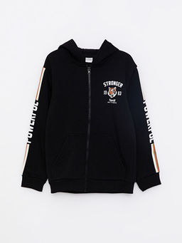Kap??onlu Bask?l? Uzun Kollu Erkek ?ocuk Fermuarl? Sweatshirt