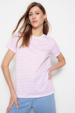 TRENDYOLMILLA Kahverengi-Bej-Haki Cizgili 3lu Paket Basic Bisiklet Yaka Orme T-Shirt TWOSS20TS0146 фото 32