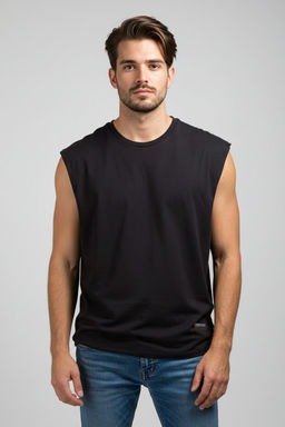 Siyah Oversize/Genis Kesim Basic Etiketli %100 Pamuk Kolsuz T-shirt/Atlet TMNSS25AL00002