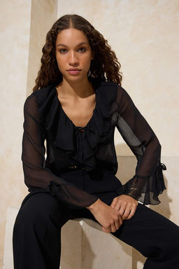 Siyah F?rf?r Detayl? Transparan Sifon Dokuma Bluz TWOSS26BZ00084