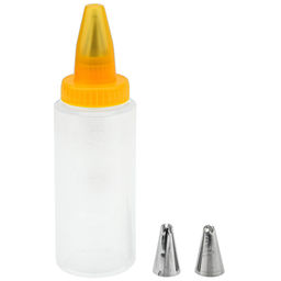 Кондитерский шприц-бутылка пластмассовый Десерт 200мл 13,7х5х5см, насадка нерж. для крема - 3 штуки, с колпачком, в блистере (Китай)