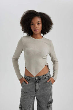 Асимметричная футболка с длинным рукавом и круглым вырезом в рубчик - Defacto фото 6