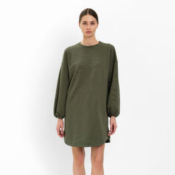 Платье женское короткое с кулиской MINAKU: Casual Collection, зелёное, размер 46, с длинным рукавом