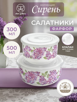 Набор салатников 2 пр. 500 мл 13*13*6,5 см+300 мл 10,5*10,5*6,5 см "Сирень" с пл.крыш.NEW BONE CHINA
