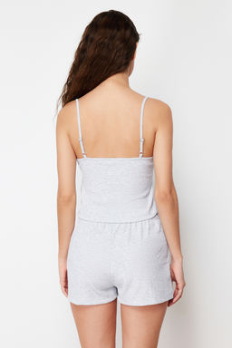 Trendyolmilla Gri Melanj Dantelli Ip Ask?l? Fitilli Sortlu Orme Pijama Tak?m? THMSS24PT00080  фото 6