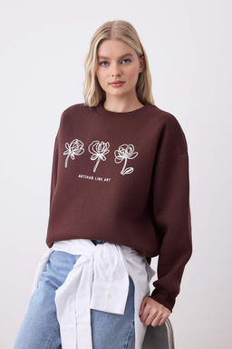 Kahverengi Nak?sl? Oversize/Genis Kal?p Kal?n Ici Polarl? Orme Sweatshirt TWOAW26SW00100