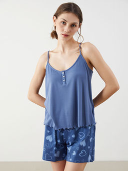 V Yaka Bask?l? Kad?n ?ortlu Pijama Tak?m?