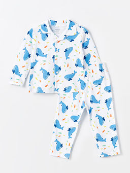 Polo Yaka Uzun Kollu Bask?l? Erkek Bebek Pijama Tak?m