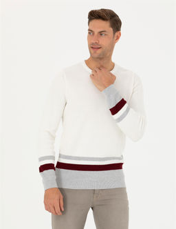 Ekru Slim Fit Bisiklet Yaka Triko Kazak