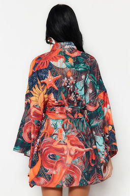 Tropikal Desenli Kusakl? Volanl? Mini Dokuma Plaj Kimono&Kaftan TBESS23KM00024 - Trendyolmilla фото 4