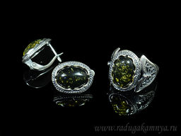 Набор с янтарём кольцо, серьги овал 14*18мм зеленый, размер 17.