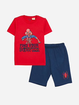 Bisiklet Yaka Spiderman Bask?l? K?sa Kollu Erkek ?ocuk ?ortlu Pijama Tak?m?