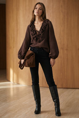 Kahverengi F?rf?rl? V Yaka Dokuma Bluz TWOAW26BZ00246