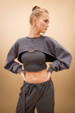 Coool Crop Y?kamal? Soluk Efektli Sweatshirt