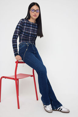 Teen Koyu Mavi Yuksek Bel Ispanyol Paca Flare Jeans TWOAW26JE00094