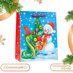 Пакет новогодний подарочный ламинированный Змейка и снеговик, упаковка, 18?22.3?10 см