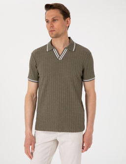 Haki Slim Fit _rme Dokulu Apa_ Yaka Ti__rt