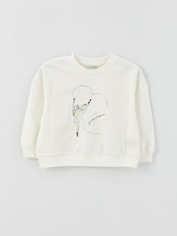 Bisiklet Yaka Bask?l? Uzun Kollu K?z ?ocuk Sweatshirt
