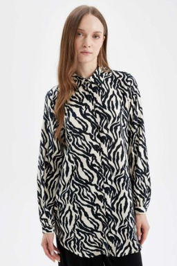 Regular Fit Zebra Desenli Viskon Uzun Kollu Gomlek Tunik