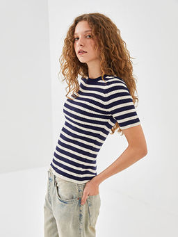 Bisiklet Yaka ?izgili Kad?n Triko Kazak