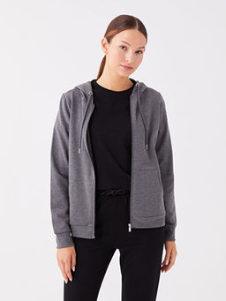 Kap??onlu D?z Uzun Kollu Kad?n Fermuarl? Sweatshirt