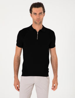 Siyah Slim Fit Fermuarl_ Polo Yaka Triko T-shirt