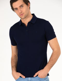 Lacivert Polo Yaka Slim Fit Basic Merserize T-shirt
