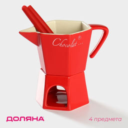 Набор керамический для фондю Доляна Лакомка, чаша 400 мл, 2 шпажки, цвет красный