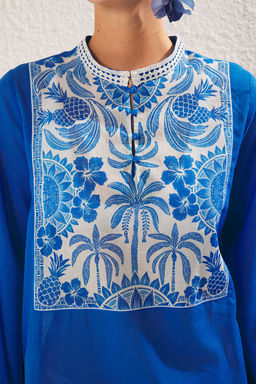 Tropikal Desenli Dokuma %100 Pamuk Plaj Mini Elbise TBESS25EL00027