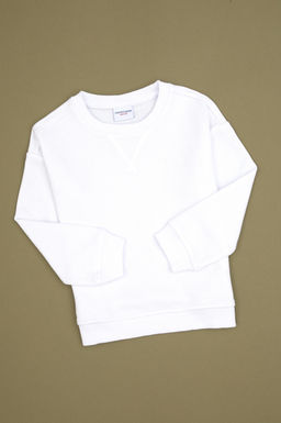 Erkek _ocuk Beyaz Basic Bisiklet Yaka Sweatshirt