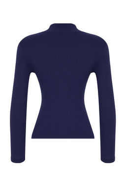 Lacivert Fitted/Vucuda Oturan Dik Yaka Uzun Kol Fitilli Esnek Orme Bluz TWOAW21BZ0423