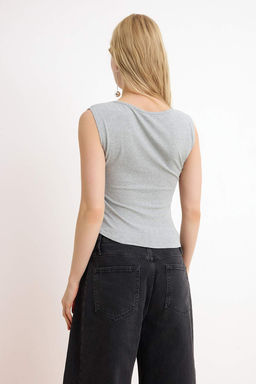 Gri Melanj Fitted/Vucuda Oturan Kay?k Yaka Dugmeli Crop Yumusak Orme Bluz TWOSS26BZ00153 - Trendyolmilla фото 4