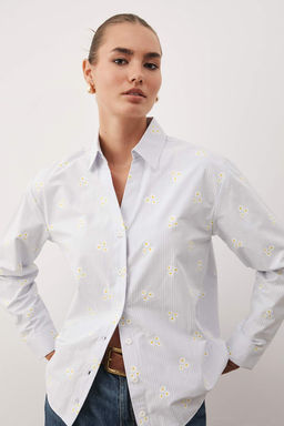 TRENDYOLMILLA Mavi Cizgili Cicek Desenli Pamuklu Oversize Genis Kal?pl Dokuma Gomlek TWOSS23GO00373  фото 9