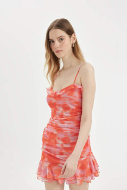 Облегающее мини-платье из тюля с узором на бретелях - Defacto фото 5