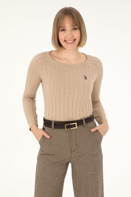 Женский базовый свитер с круглым вырезом песочного меланжа Неожиданная скидка в корзине