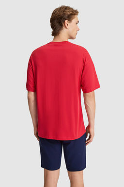 Erkek K_rm_z_ Oversize Fit Bisiklet Yaka Ti__rt