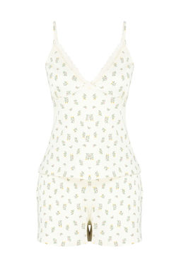 Trendyolmilla Ekru %100 Pamuklu Cicekli Dantelli Ip Ask?l? Fitilli Sortlu Orme Pijama Tak?m? THMSS24PT00062  фото 12