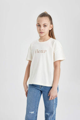 Футболка с коротким рукавом с принтом для девочек - Defacto фото 3