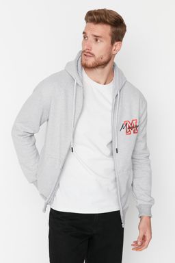 TRENDYOL MAN Gri Regular/Normal Kesim Kapusonlu Ici Polar/S?cak Tutan Nak?sl? Sweatshirt-H?rka TMNAW23SW00468