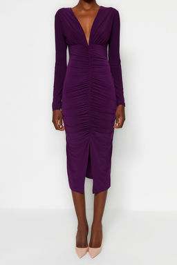 TRENDYOLMILLA Siyah Drapeli V Yaka Fitted/Vucuda Oturan Esnek Midi Orme Kalem Elbise TWOAW24EL00197 фото 8