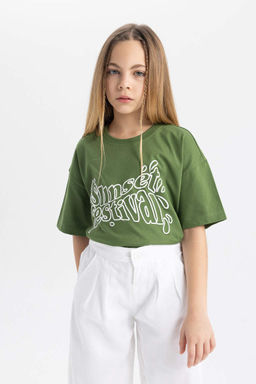 Футболка с короткими рукавами и принтом для девочек Relax Fit - Defacto фото 3